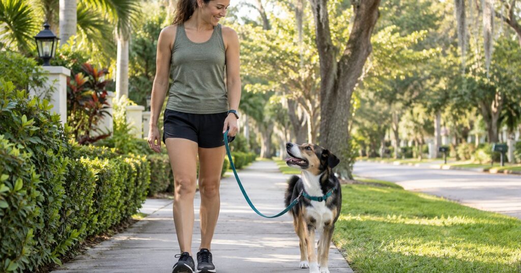 Dog looks up at its handler while walking on a loose leash
