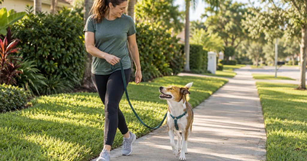 Dog turning with a handler on a loose leash during a quiet neighborhood walk