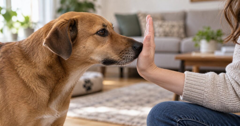 A relaxed brown dog touches its nose to an open palm.