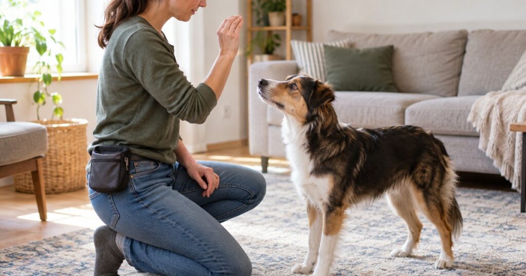 Dog watches a handler's empty hand signal during training