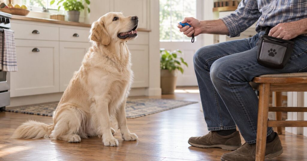 A seated retriever watches an owner holding a blue training clicker.