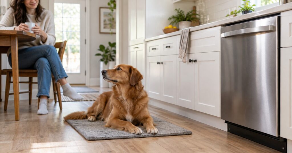 Dog rests calmly on a mat near a running dishwasher