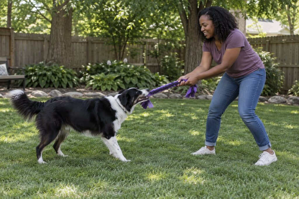 A woman and a dog share a long tug toy on a shaded fenced lawn.