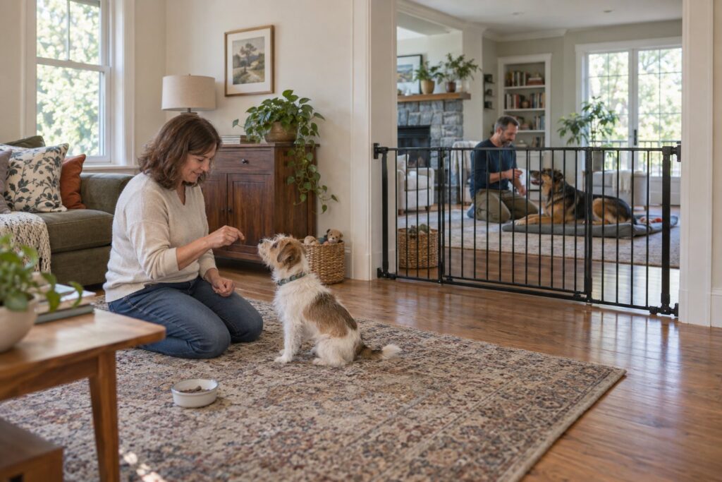 Two adults train dogs in separate rooms divided by a secure gate.