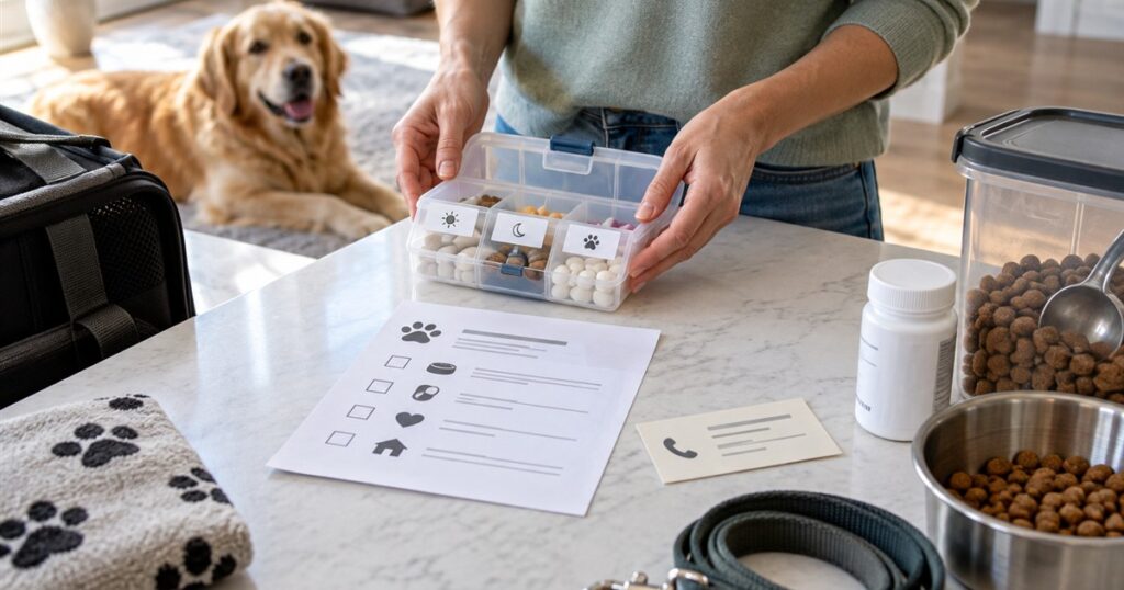 Owner organizing generic medication, written instructions, food, and contacts for a dog boarding stay