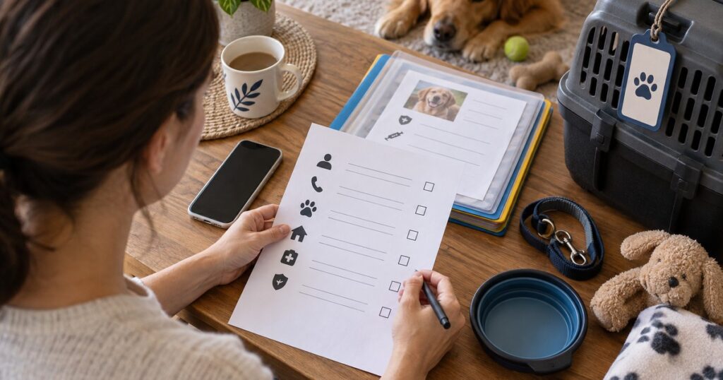 Owner prepares a dog boarding emergency contact sheet and records