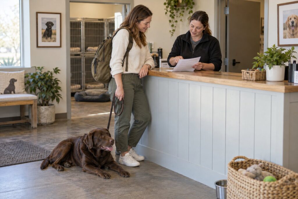 A dog owner and caregiver review a care note at boarding pickup.