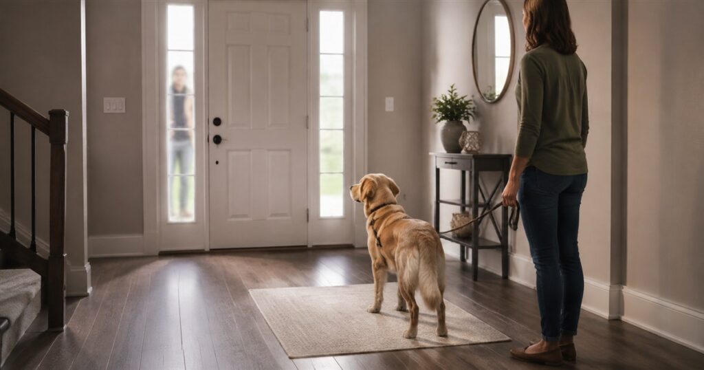 Dog waiting calmly on a mat while its owner prepares to greet a visitor