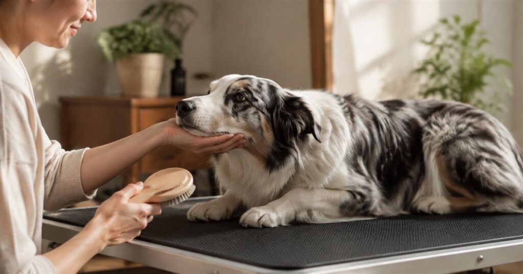Dog resting its chin on an owner's hand during calm grooming practice
