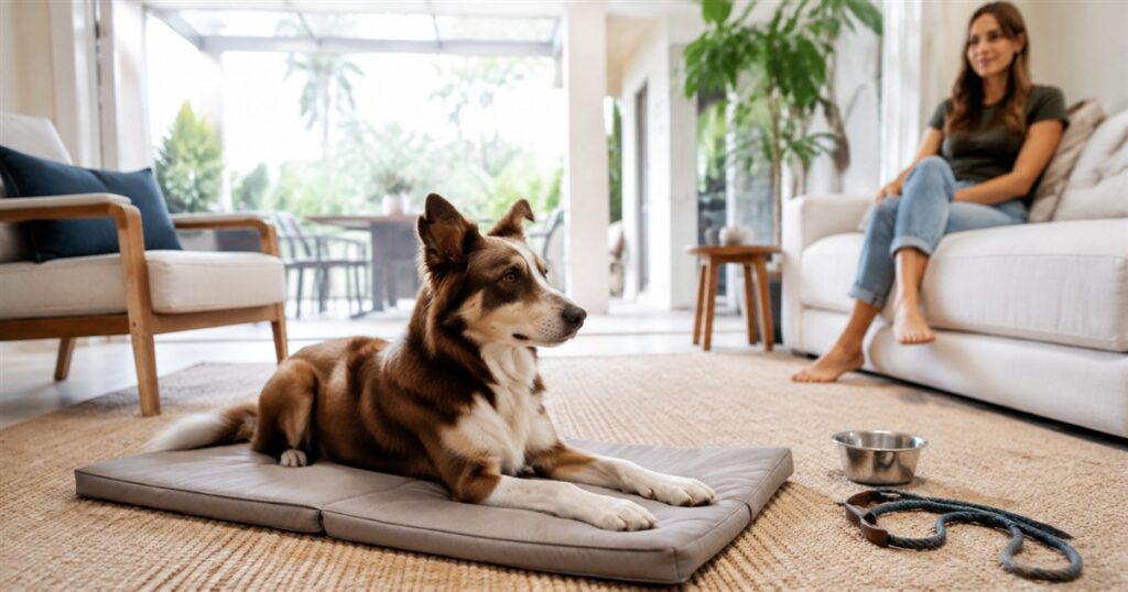 Athletic dog relaxing on a mat after an exciting activity at home