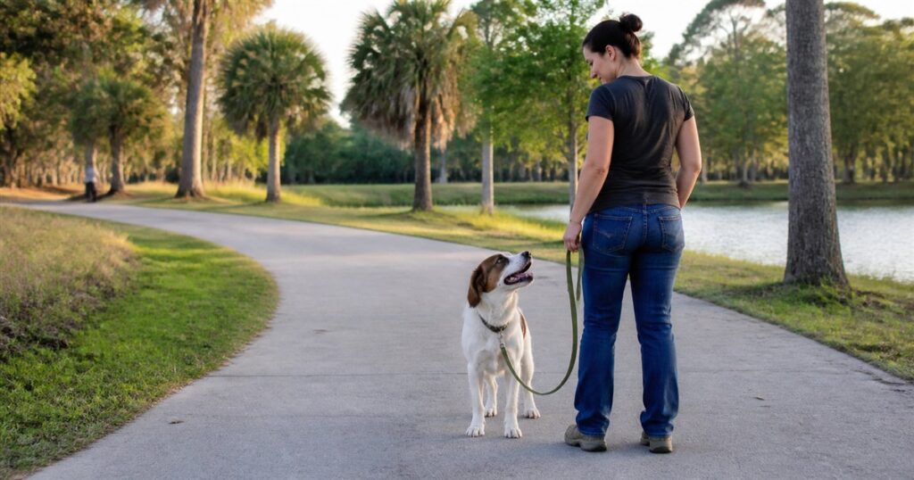 Dog checking in with its owner while practicing a familiar cue in a Florida park