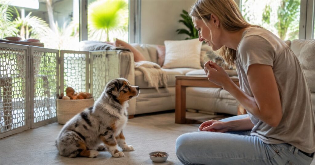 Young puppy making eye contact with its owner during a name-response game