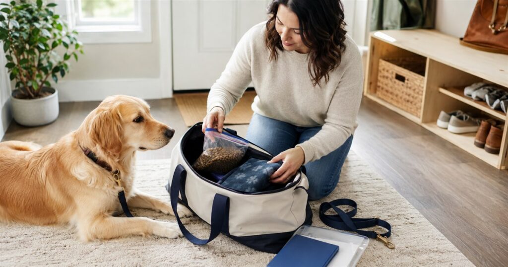 Owner packing portioned dog food, records, leash, and a blanket for boarding
