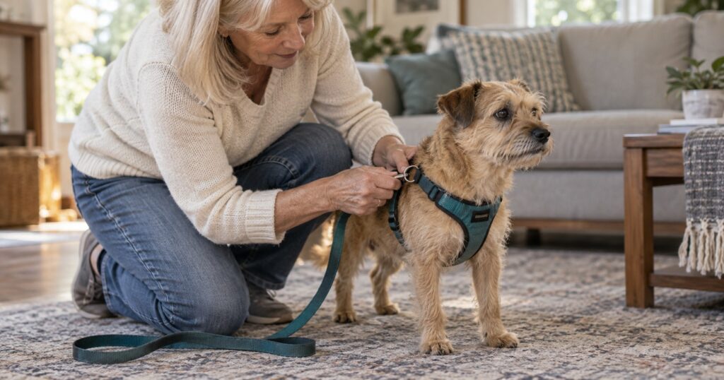 A woman gently clips a leash to a relaxed terrier's harness.