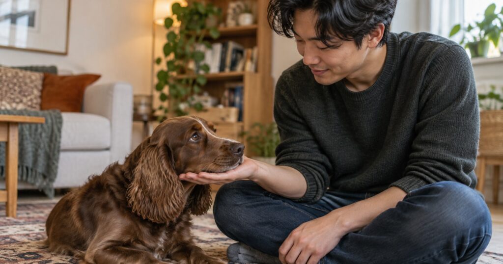 A spaniel voluntarily rests its chin on a man's open palm.